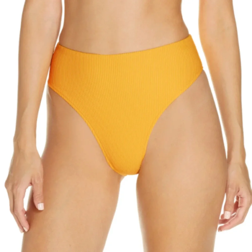 Frankies Bikinis Jenna Ribbed High Waist Cheeky Bikini Bottom Citrus Orange M